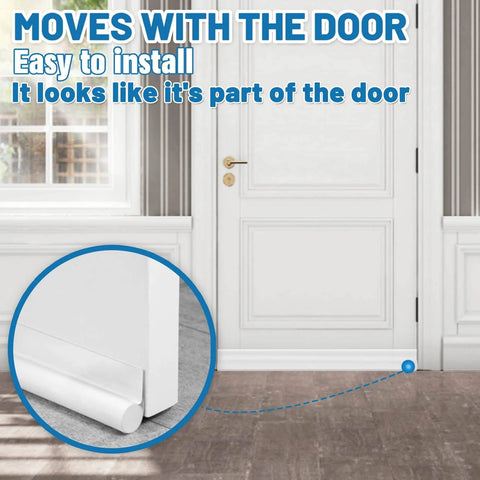 36 Inch Under Door Draft Stopper Insulator for White Doors installed on a white door, close-up of door seal strips and sweeps.