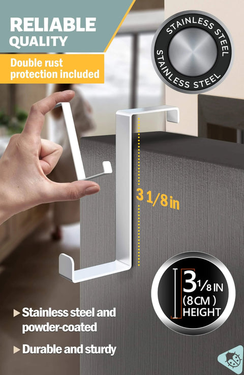 Person installing Set of 10 Over the Door Hooks White Two Sided Towel and Coat Hangers Fit 1 3/8 and 1 3/4 Doors with Anti Scratch Felt Pads Non Slip Dots Wreath and Bag Holder, showing stainless steel close-up.
