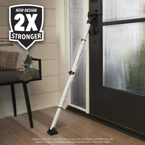 Sliding Door Stopper And Dual Function Security Bar For Hinged And Sliding Doors, Adjustable From Twenty Five And A Half Inches To Forty Three And A Half Inches, Indoor Use, Folding Design For Compact Storage And Travel, White, shown installed on a door.