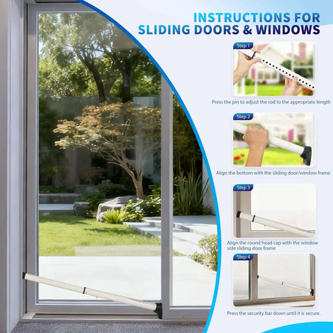 2 In 1 Door Security Bar And Sliding Door Lock Bar Heavy Duty Adjustable Jammer For Apartment Home White 1 Pack