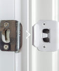 Side-by-side of metal door latch and Door Silencer Strike Plate That Quietly Fixes Loud Latches And Stops Slamming, White Finish