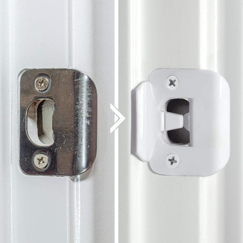 Side-by-side of metal door latch and Door Silencer Strike Plate That Quietly Fixes Loud Latches And Stops Slamming, White Finish