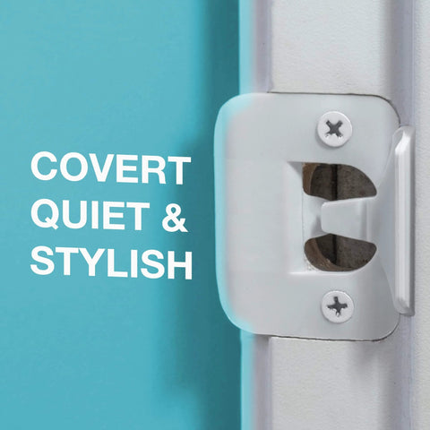 Door Silencer Strike Plate That Quietly Fixes Loud Latches And Stops Slamming, Flexible And Durable, installed on a white door frame