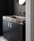 Black cabinet with marble top and 5 Pack White Dresser Drawer Pulls With 3-3/4 Inch Hole Center Modern Kitchen Cabinet Handles installed