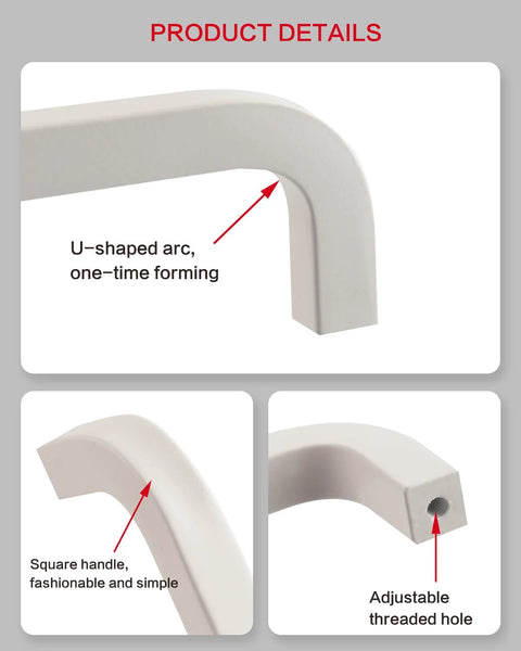 Detailed view of 5 Pack White Dresser Drawer Pulls With 3-3/4 Inch Hole Center Modern Kitchen Cabinet Handles featuring U-shaped arc and adjustable holes.