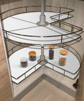 Two Pack 31 Inch EVA Lazy Susan Shelf Liners in cabinet, white non-adhesive protection mats for organized storage