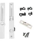 Flush Mount Lock Set For Sliding Glass Doors With Night Lock In White showing two handles, hardware, and screws on white surface.