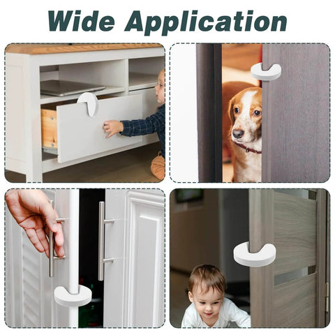 Collage showing Six Pack Soft Foam Door Stoppers With Finger Guard Protectors on cabinets and doors, preventing slams and pinched fingers.