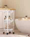 Foldable Three Tier Rolling Cart With Wheels No Assembly Metal Utility Cart for Kitchen Bathroom Dorm Nursery White