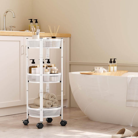 Foldable Three Tier Rolling Cart With Wheels No Assembly Metal Utility Cart for Kitchen Bathroom Dorm Nursery White