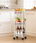 Foldable Three Tier Rolling Cart With Wheels No Assembly Metal Utility Cart for Kitchen Bathroom Dorm Nursery White Durable Steel Trolley Organizer with Air Ventilated Mesh Baskets and Super Easy Maneuverability in kitchen setting