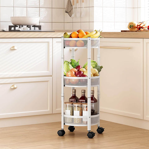 Foldable Three Tier Rolling Cart With Wheels No Assembly Metal Utility Cart for Kitchen Bathroom Dorm Nursery White Durable Steel Trolley Organizer with Air Ventilated Mesh Baskets and Super Easy Maneuverability in kitchen setting