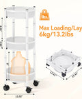 Foldable Three Tier Rolling Cart With Wheels No Assembly Metal Utility Cart For Kitchen Bathroom Dorm Nursery White Durable Steel Trolley Organizer With Air Ventilated Mesh Baskets And Super Easy Maneuverability