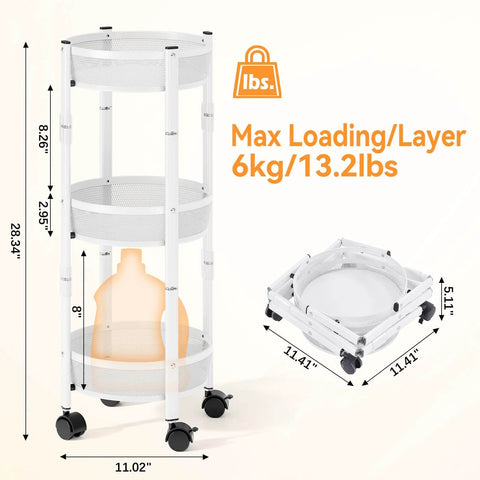 Foldable Three Tier Rolling Cart With Wheels No Assembly Metal Utility Cart For Kitchen Bathroom Dorm Nursery White Durable Steel Trolley Organizer With Air Ventilated Mesh Baskets And Super Easy Maneuverability