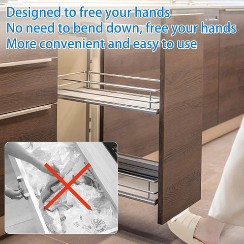 White Cabinet Foot Pull For Trash Can With Touchless Operation installed on kitchen cabinet, demonstrating hands-free opening with foot lever.
