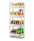 Four Tier Rolling Cart With Wheels For Kitchen Office Bedroom And Craft Storage Lightweight Yet Sturdy Utility Cart On Locking Casters White Perfect Go To Diaper Snack Tool Organizer For Home Use fully stocked with snacks and drinks.