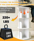 Four Tier Rotating Bookshelf Tower With 360 Degree Spin For Corner Spaces, showcasing weight capacity of 220+ lbs, white finish.