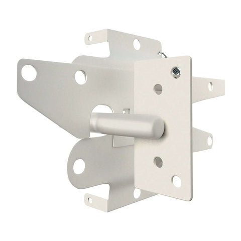 Heavy Duty Gate Latch With Post Mount Automatic Self Closing Door Latch for wooden vinyl fences, white finish, side view