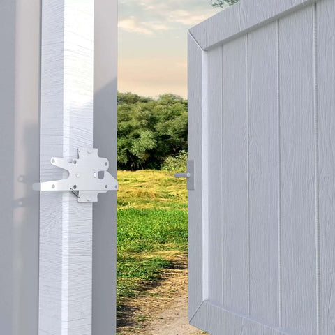 Heavy Duty Gate Latch With Post Mount Automatic Self Closing Door Latch For Wooden And Vinyl Fences Pool And Garden White Finish Installed