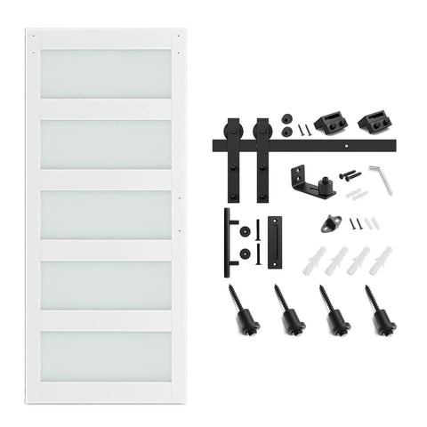 36 x 84 in glass barn door with 6.6FT sliding hardware kit and handle, pre-drilled ready to assemble, white 5-panel glass and components