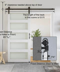 36 x 84 in Glass Barn Door with 6.6FT Sliding Hardware Kit & Handle, Pre-Drilled Ready to Assemble, Waterproof PVC Coating, White, 5-Panel Glass installed with measurements and track details in a bathroom.