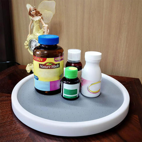 10 Inch Lazy Susan Turntable with bottles, white and gray, suited for kitchen cabinets, refrigerators, pantry organization, cosmetic storage
