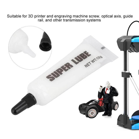 Tube of white lithium grease labeled 'Super Lube' for 3D printers, screws, and metal parts with no additives or propellants.