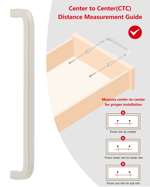 Five Pack White Kitchen Cupboard Handles With Seven And A Half Inch Hole Center installation guide and side view of handle.