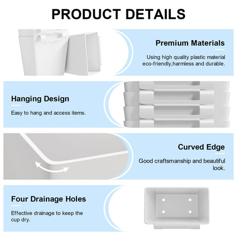 Product details for Six Pack White Hanging Cup Holders For Rolling Carts With Six Cup Holders And Six Hooks Space Saving Utility Cart Accessories