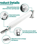 Screen and Storm Door Closer Kit, Heavy Duty Pneumatic Screen and Storm Door Closer showing white tube mechanism and installation details.