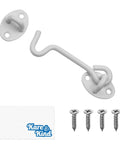 Heavy Duty Hook And Eye Latch Set 4 Inch With Mounting Screws for doors, gates, white iron finish, includes cloth and screws