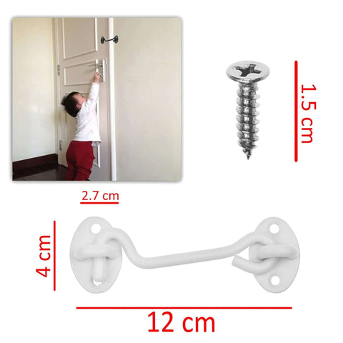 Heavy Duty Hook And Eye Latch Set 4 Inch With Mounting Screws for doors, gates, barns; image shows latch and child reaching door latch