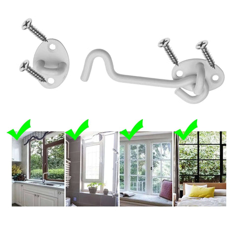 Heavy Duty Hook And Eye Latch Set 4 Inch With Mounting Screws, White Finish, for Doors, Gates, Barns, and Cabins, secure lock example images