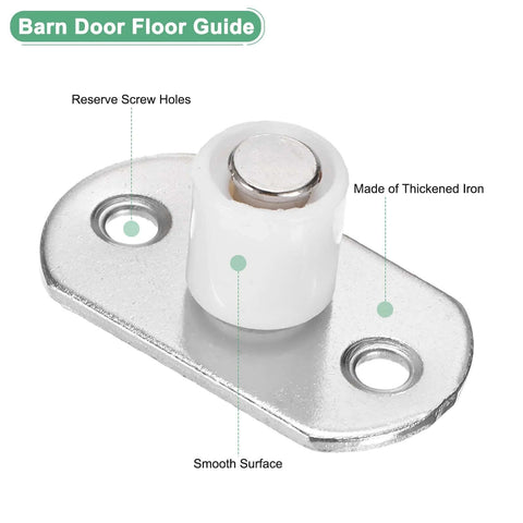 4 Pack Roller Guide Sliding Floor Guides For Barn Doors And Closet Doors Durable White Finish 4mm Diameter and 0.16 Inch Diameter Drawer Slides Stopper Cabinet Hardware Accessories Multipurpose Floor Guide For Doors And Drawers showing thickened iron material with reserve screw holes and smooth surface.