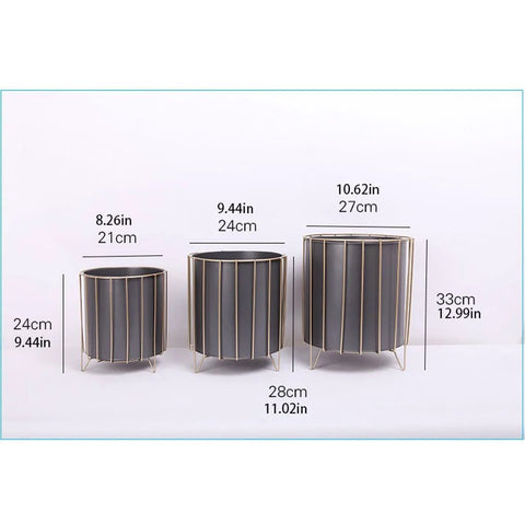 Rust Resistant Iron Plant Pot Stand Set For Indoor And Outdoor Use with three sizes, decorative frames, white finish, and size measurements.