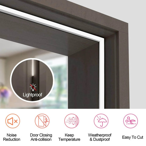 Close-up of 40FT Extra Long Kerf Weather Stripping Door Seal installed on a door frame, highlighting lightproof and temperature control features.