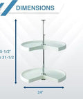 Kidney Shaped Lazy Susan With Two White Polymer Shelves, Chrome Telescoping Post, Adjustable 26 To 32 Inch Height, Dimensions Shown