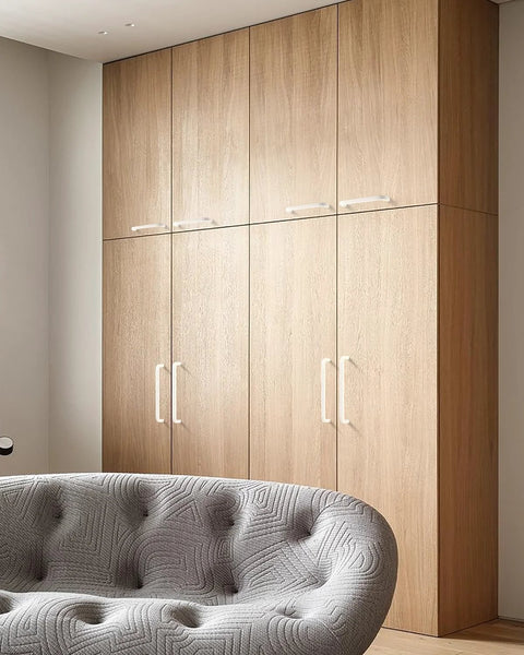Installed five pack white kitchen cupboard handles with seven and a half inch hole center modern design on wooden cabinets