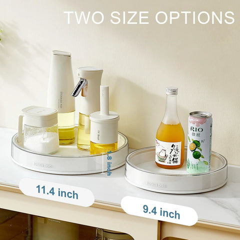 Two size options of 360 Degree Rotating Makeup Organizer With Perfume Tray And Skincare Holder, small and large tray on counter