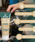 White Lithium Grease for Car Door,Bearings & Gears Lubricant Grease,NLGI 2 1 oz tube, displayed with mechanical gears