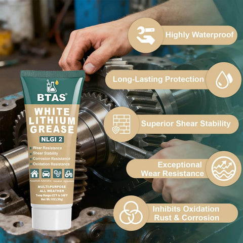 White Lithium Grease for Car Door,Bearings & Gears Lubricant Grease,NLGI 2 1 oz tube, displayed with mechanical gears
