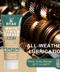 White Lithium Grease for Car Door, Bearings & Gears Lubricant Grease, Garage Door Tracks Hinges and Sliding Mechanisms, Highly Versatile for Automotive, Marine, Industrial and Home use NLGI 2 1 oz tube next to metal gears.