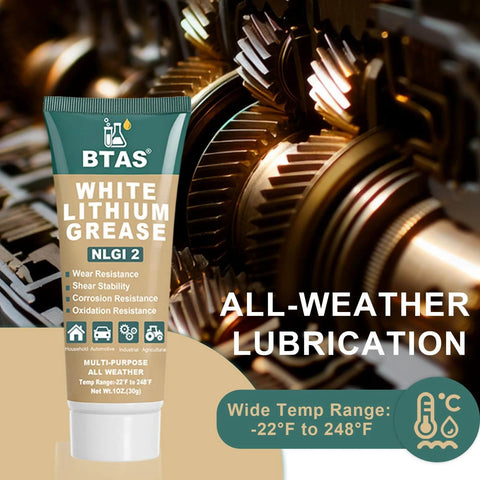 White Lithium Grease for Car Door, Bearings & Gears Lubricant Grease, Garage Door Tracks Hinges and Sliding Mechanisms, Highly Versatile for Automotive, Marine, Industrial and Home use NLGI 2 1 oz tube next to metal gears.