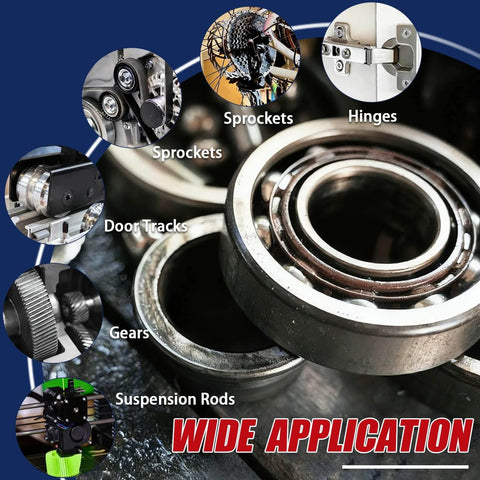 Close-up of gears and bearings with text showing application of Keze White Lithium Grease Tube Automotive Grasa De Litio Car Door Grease with Brush NLGI 2 Rust Corrosion Waterproof for Hinges, Bearings, Gears, Bike and Garage Doors, Sliding Track,1oz-1 Pack.