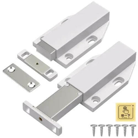 Heavy Duty Magnetic Push Latch for Cabinets and Large Doors No Handle Push to Open Touch Latch White 2 Pack with screws visible