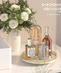 White marble lazy susan turntable for table top, 10 inch round natural marble tray with gold frame for bathroom organization.