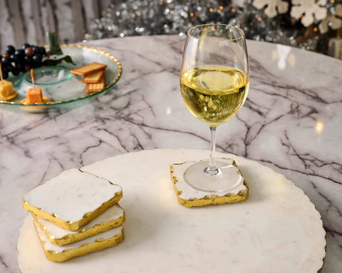 16 inch white marble lazy susan with gold edge, polished stone rotating turntable with coasters and wine glass.
