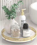 White marble lazy susan turntable for table top with decorative items, 10 inch round natural marble tray with gold frame.