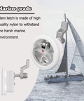 Marine Grade White Nylon Boat Cam Latch With O Handle Flush Mount Fits Two And A Half Inch Hole Non Locking Latch Durable Marine Hardware For Doors Deck Compartments with sailboat background