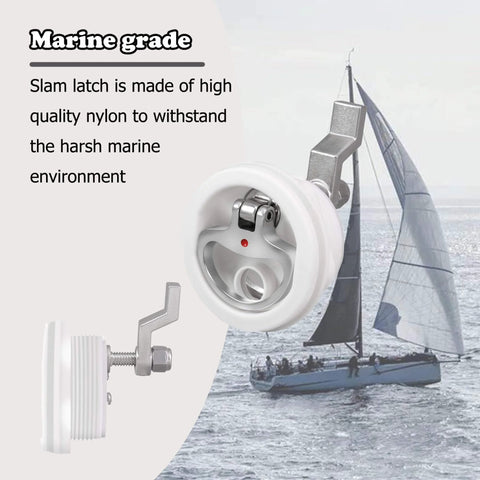 Marine Grade White Nylon Boat Cam Latch With O Handle Flush Mount Fits Two And A Half Inch Hole Non Locking Latch Durable Marine Hardware For Doors Deck Compartments with sailboat background